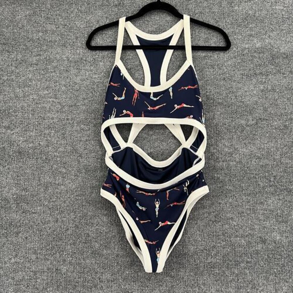 Aerie Womens One Piece Swimsuit Size L Navy All Over Swimmer Print Racerback